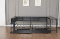 Bellemave® Corner Bed Frame with Desk & Storage, Captains Bed with Charging Station & LED Light, Wood Daybeds with L - Shaped Bookcase & 2 Drawers - Bellemave