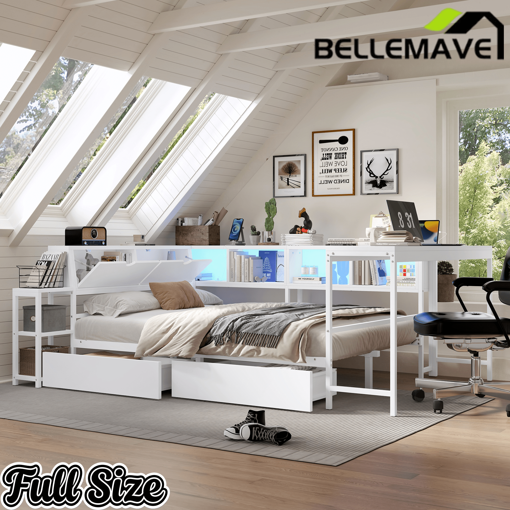Bellemave® Corner Bed Frame with Desk & Storage, Captains Bed with Charging Station & LED Light, Wood Daybeds with L - Shaped Bookcase & 2 Drawers - Bellemave