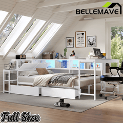 Bellemave® Corner Bed Frame with Desk & Storage, Captains Bed with Charging Station & LED Light, Wood Daybeds with L - Shaped Bookcase & 2 Drawers - Bellemave