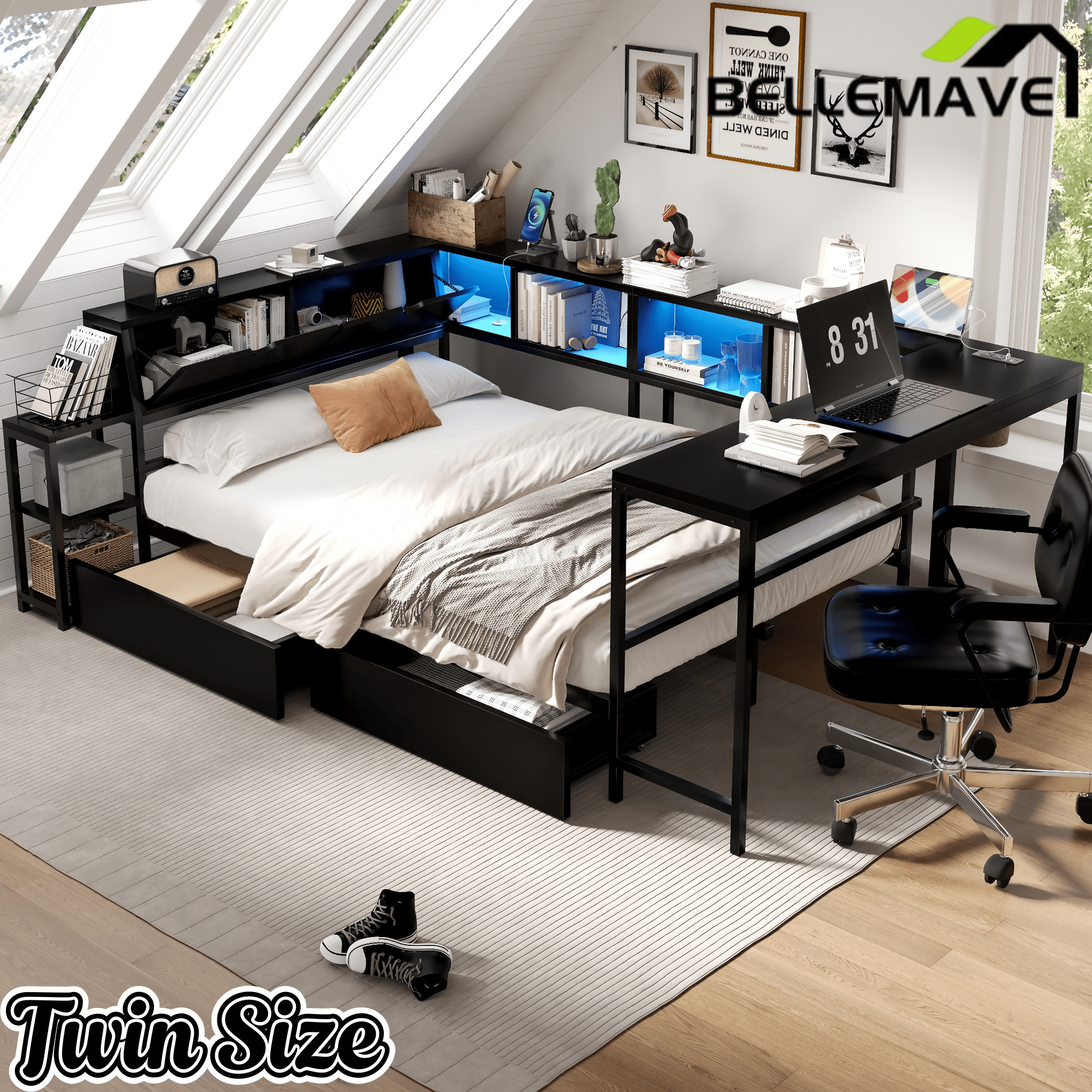Bellemave® Corner Bed Frame with Desk & Storage, Captains Bed with Charging Station & LED Light, Wood Daybeds with L - Shaped Bookcase & 2 Drawers - Bellemave