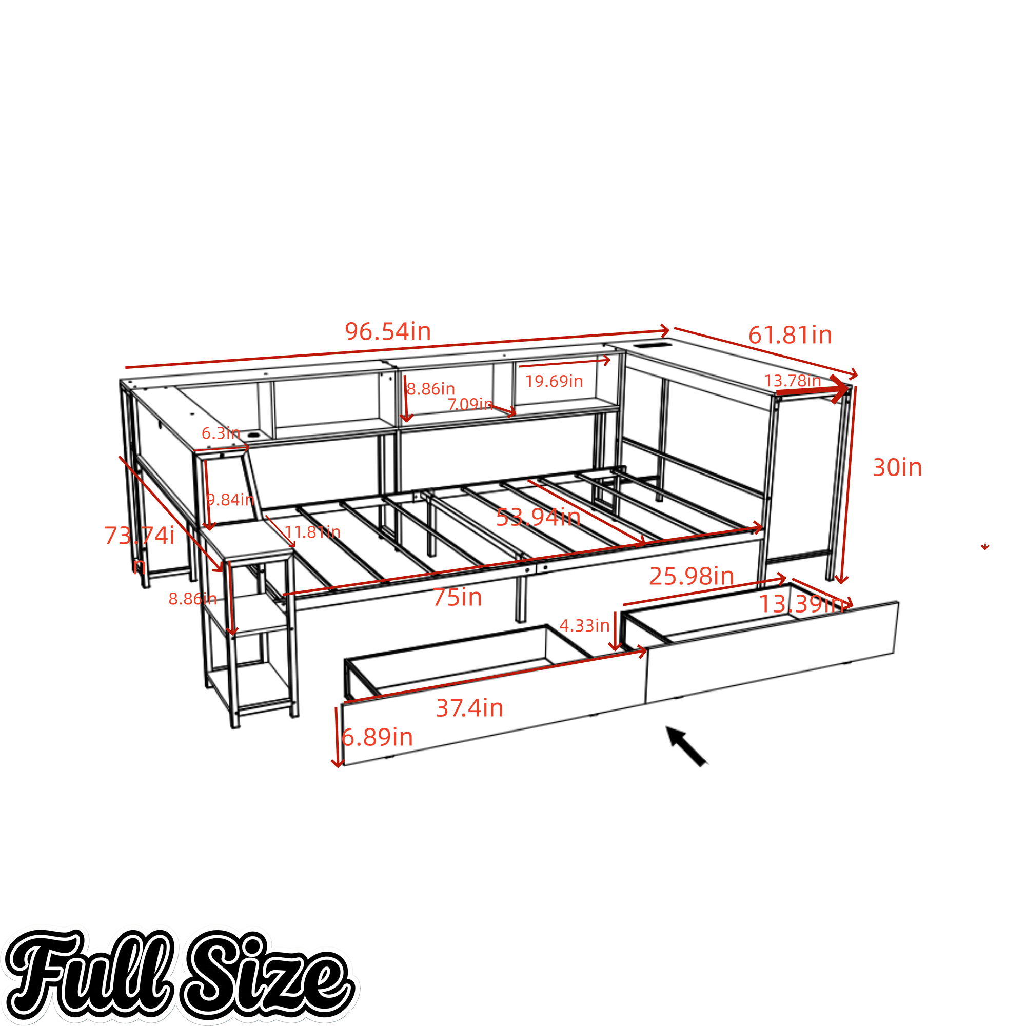 Bellemave® Corner Bed Frame with Desk & Storage, Captains Bed with Charging Station & LED Light, Wood Daybeds with L - Shaped Bookcase & 2 Drawers - Bellemave