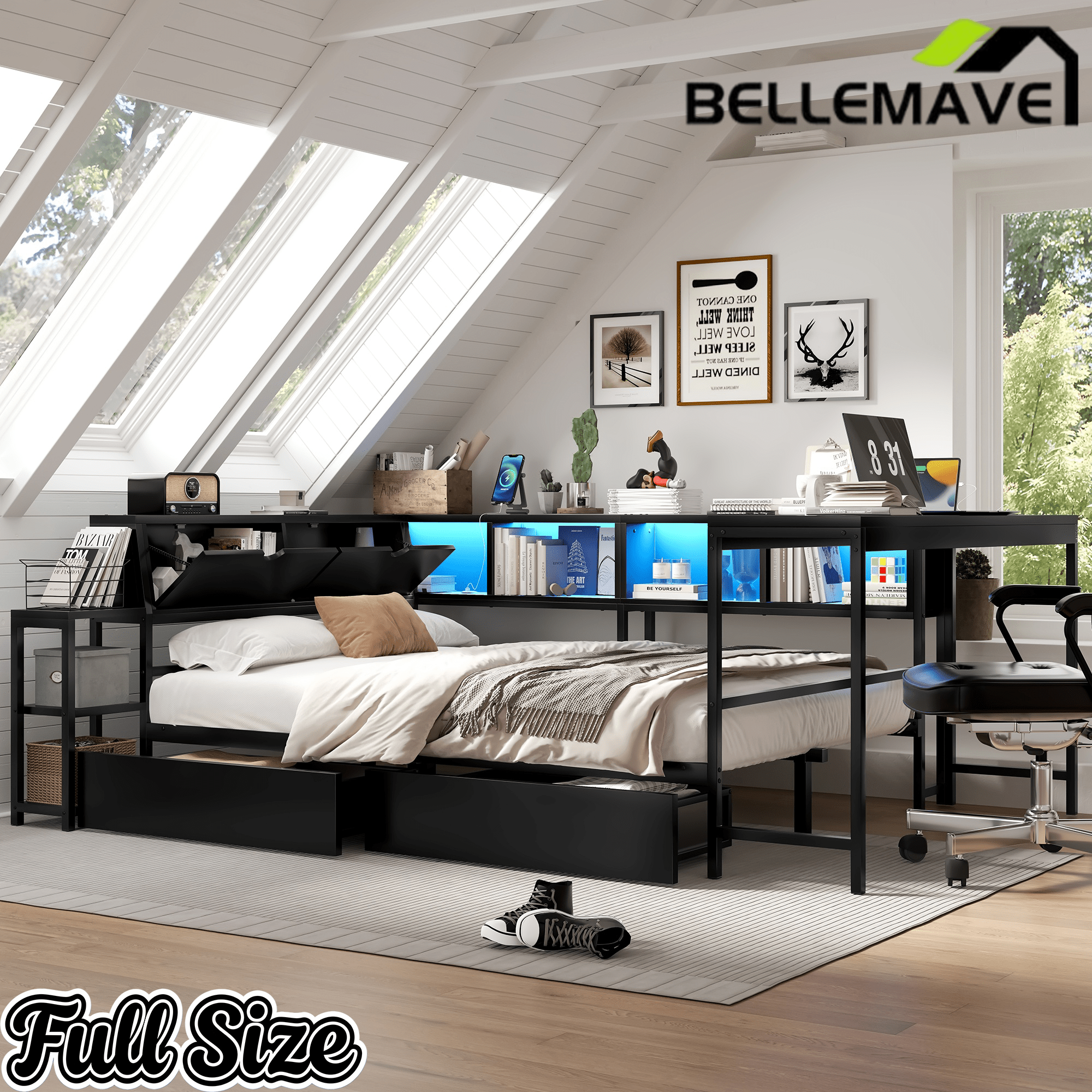 Bellemave® Corner Bed Frame with Desk & Storage, Captains Bed with Charging Station & LED Light, Wood Daybeds with L - Shaped Bookcase & 2 Drawers - Bellemave