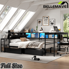Bellemave® Corner Bed Frame with Desk & Storage, Captains Bed with Charging Station & LED Light, Wood Daybeds with L - Shaped Bookcase & 2 Drawers - Bellemave