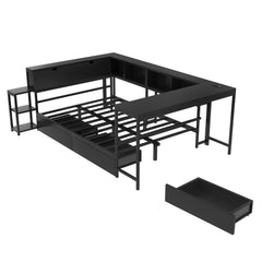 Bellemave® Corner Bed Frame with Desk & Storage, Captains Bed with Charging Station & LED Light, Wood Daybeds with L - Shaped Bookcase & 2 Drawers - Bellemave