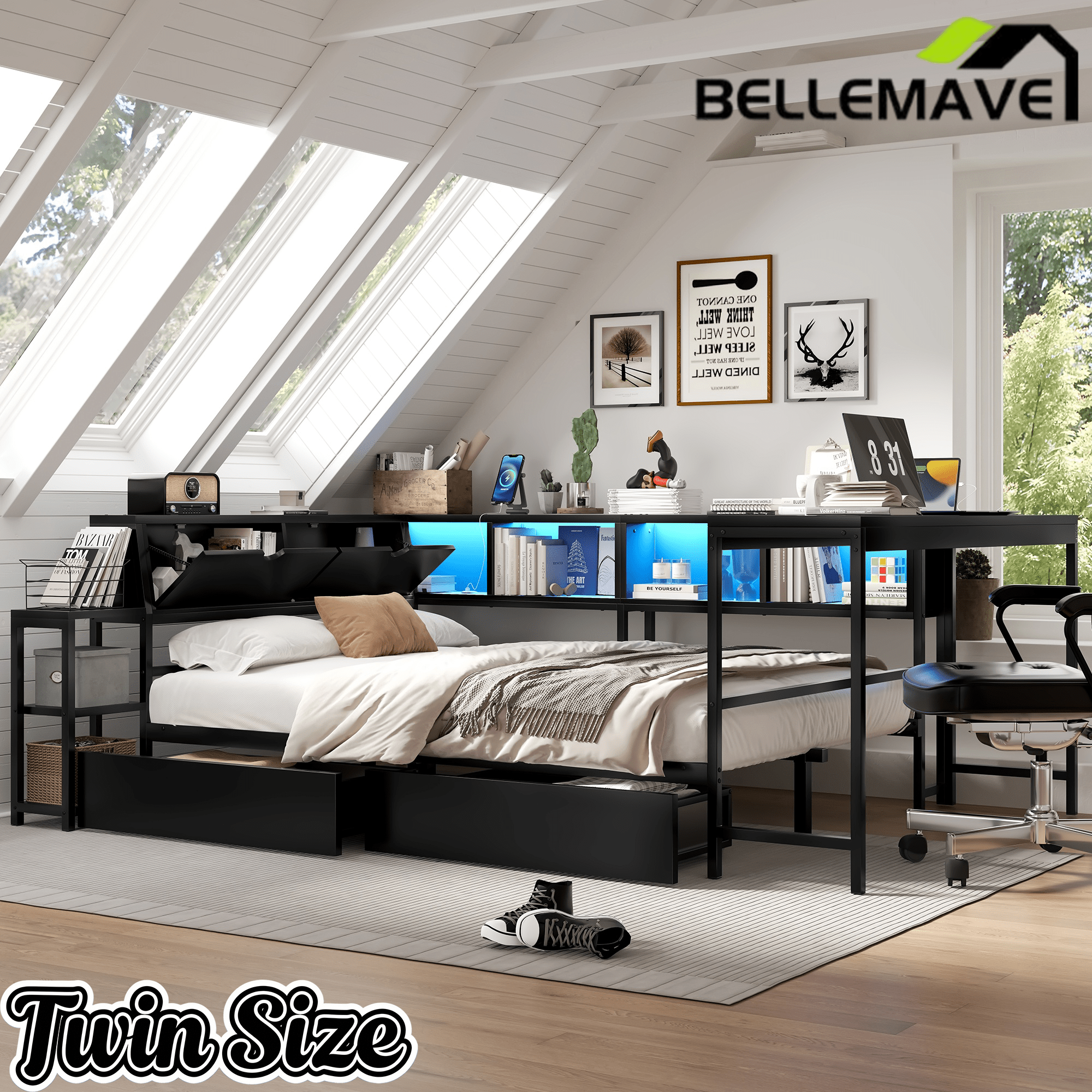 Bellemave® Corner Bed Frame with Desk & Storage, Captains Bed with Charging Station & LED Light, Wood Daybeds with L - Shaped Bookcase & 2 Drawers - Bellemave