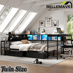 Bellemave® Corner Bed Frame with Desk & Storage, Captains Bed with Charging Station & LED Light, Wood Daybeds with L - Shaped Bookcase & 2 Drawers - Bellemave