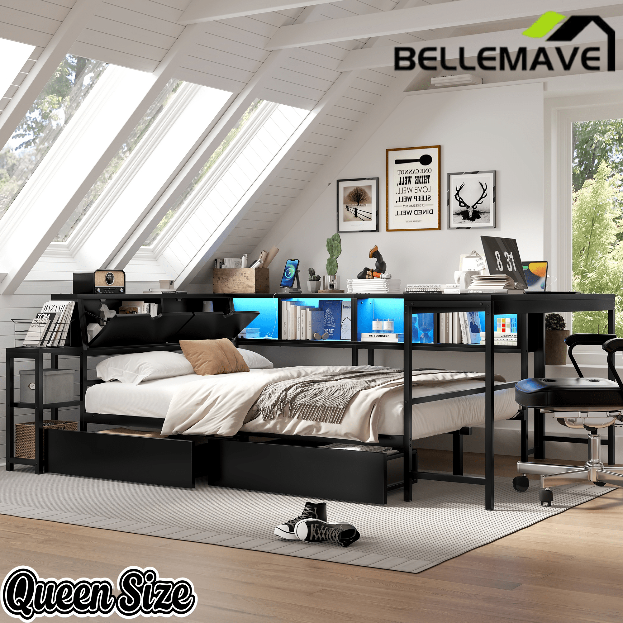 Bellemave® Corner Bed Frame with Desk & Storage, Captains Bed with Charging Station & LED Light, Wood Daybeds with L - Shaped Bookcase & 2 Drawers - Bellemave
