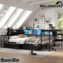 Bellemave® Corner Bed Frame with Desk & Storage, Captains Bed with Charging Station & LED Light, Wood Daybeds with L - Shaped Bookcase & 2 Drawers - Bellemave