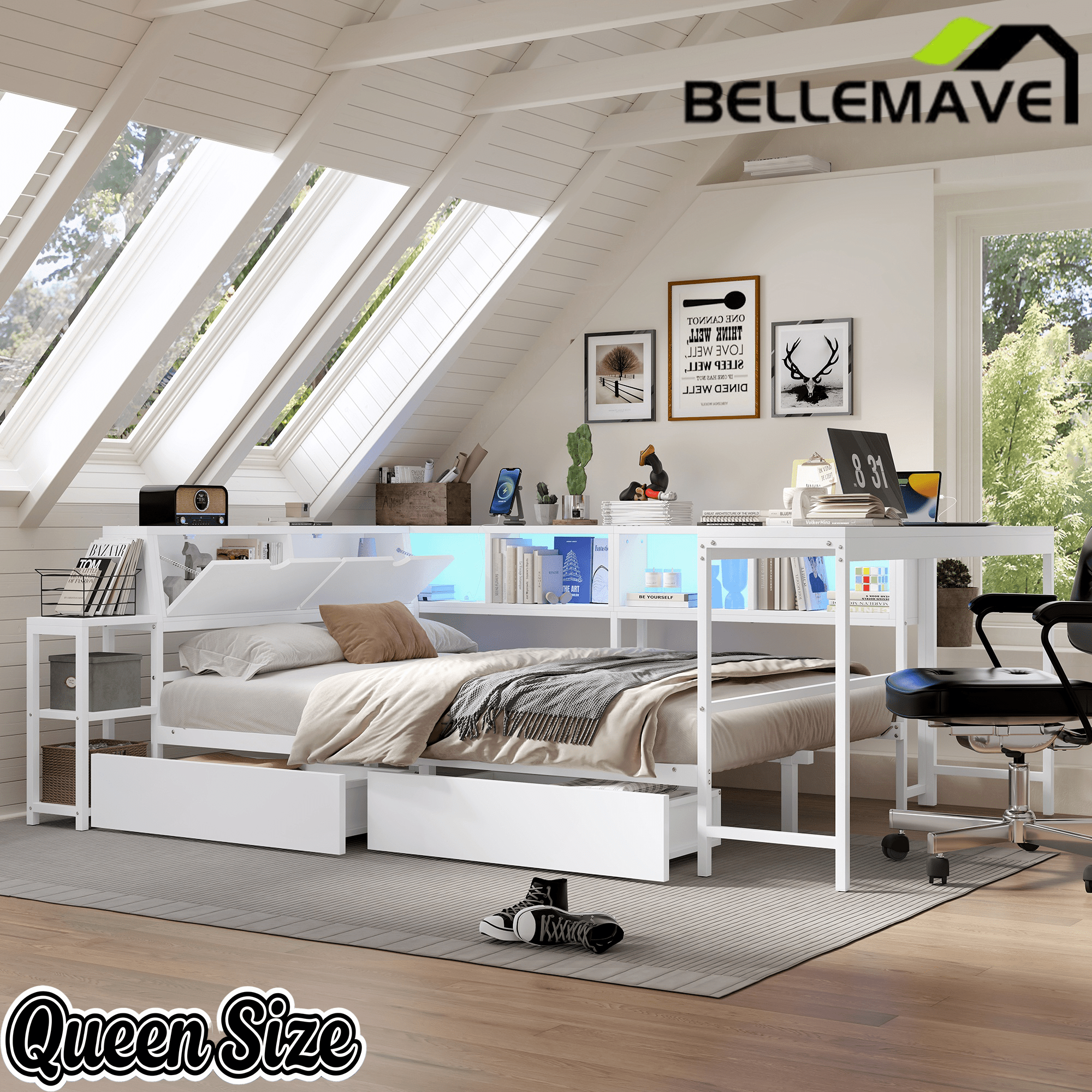 Bellemave® Corner Bed Frame with Desk & Storage, Captains Bed with Charging Station & LED Light, Wood Daybeds with L - Shaped Bookcase & 2 Drawers - Bellemave