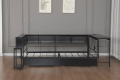 Bellemave® Corner Bed Frame with Desk & Storage, Captains Bed with Charging Station & LED Light, Wood Daybeds with L - Shaped Bookcase & 2 Drawers - Bellemave
