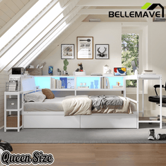 Bellemave® Corner Bed Frame with Desk & Storage, Captains Bed with Charging Station & LED Light, Wood Daybeds with L - Shaped Bookcase & 2 Drawers - Bellemave