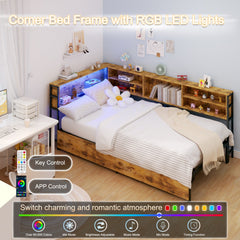 Bellemave® Corner Bed Frame with Storage, Captains Bed with Charging Station & LED Light, Wood Daybeds with L - Shaped Bookcase & 2 Drawers - Bellemave
