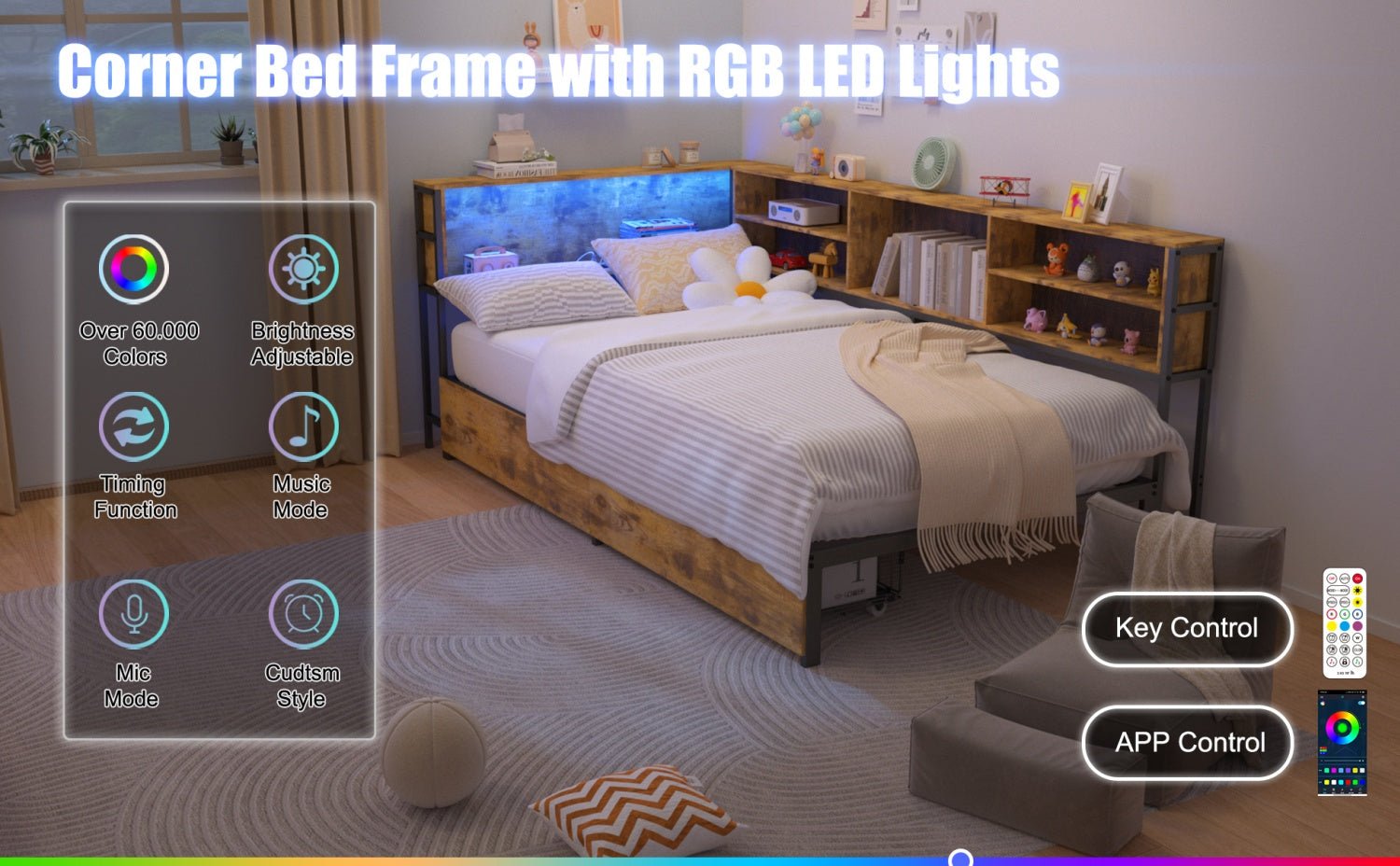 Bellemave® Corner Bed Frame with Storage, Captains Bed with Charging Station & LED Light, Wood Daybeds with L - Shaped Bookcase & 2 Drawers - Bellemave