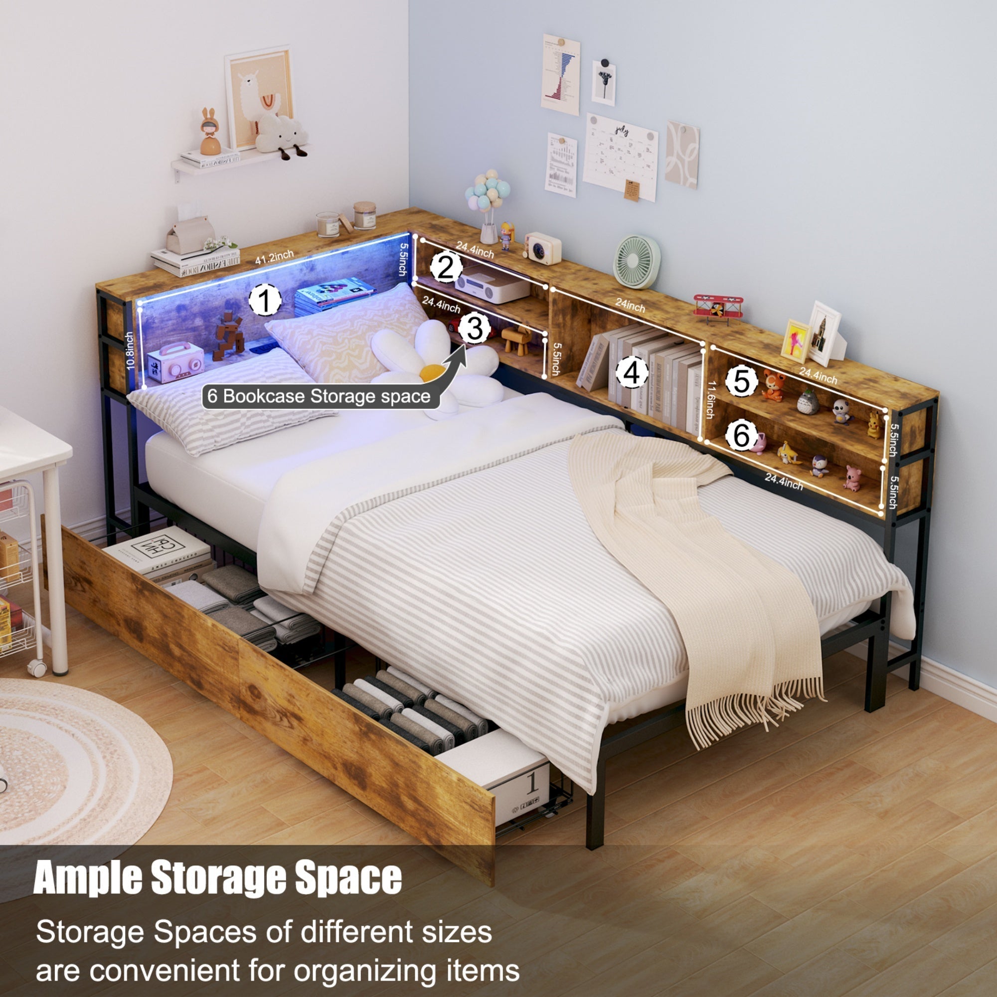Bellemave® Corner Bed Frame with Storage, Captains Bed with Charging Station & LED Light, Wood Daybeds with L - Shaped Bookcase & 2 Drawers - Bellemave