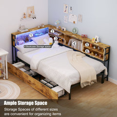 Bellemave® Corner Bed Frame with Storage, Captains Bed with Charging Station & LED Light, Wood Daybeds with L - Shaped Bookcase & 2 Drawers - Bellemave