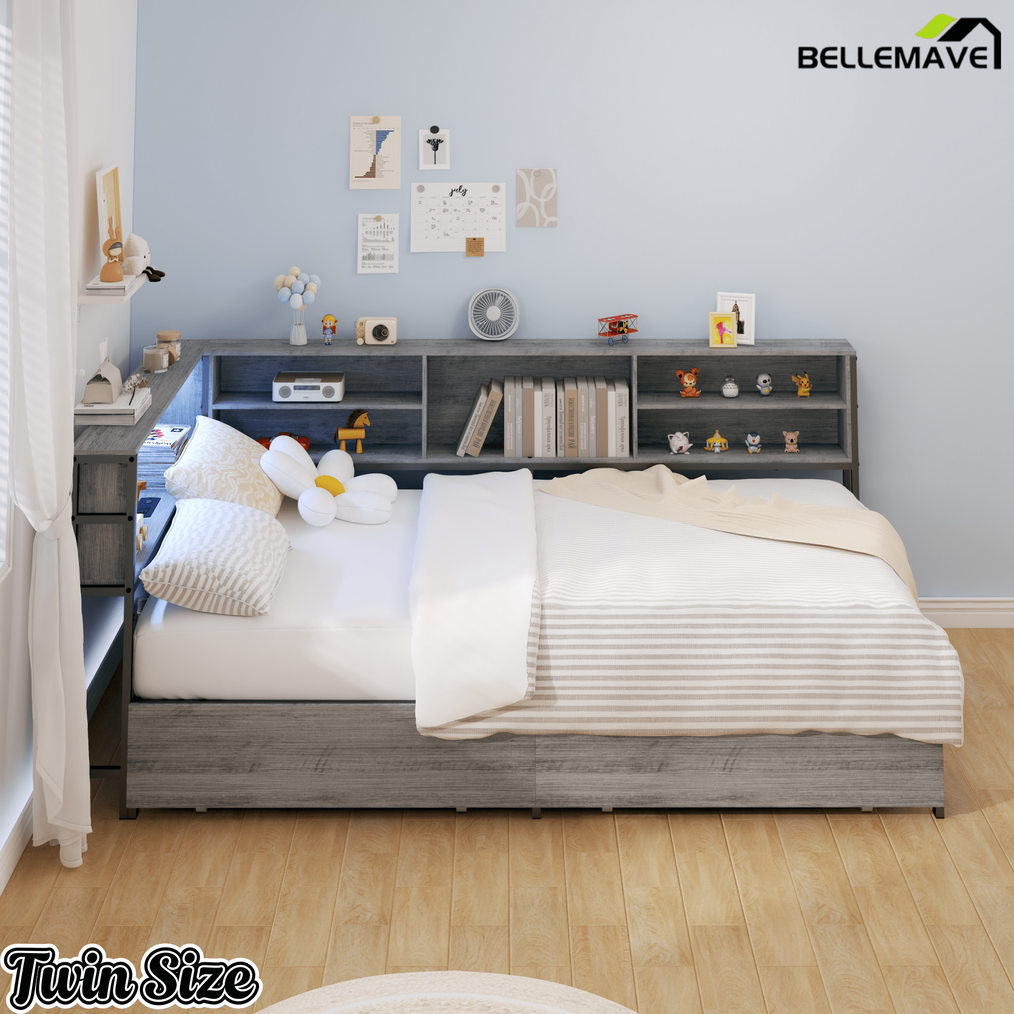 Bellemave® Corner Bed Frame with Storage, Captains Bed with Charging Station & LED Light, Wood Daybeds with L - Shaped Bookcase & 2 Drawers - Bellemave