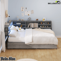 Bellemave® Corner Bed Frame with Storage, Captains Bed with Charging Station & LED Light, Wood Daybeds with L - Shaped Bookcase & 2 Drawers - Bellemave