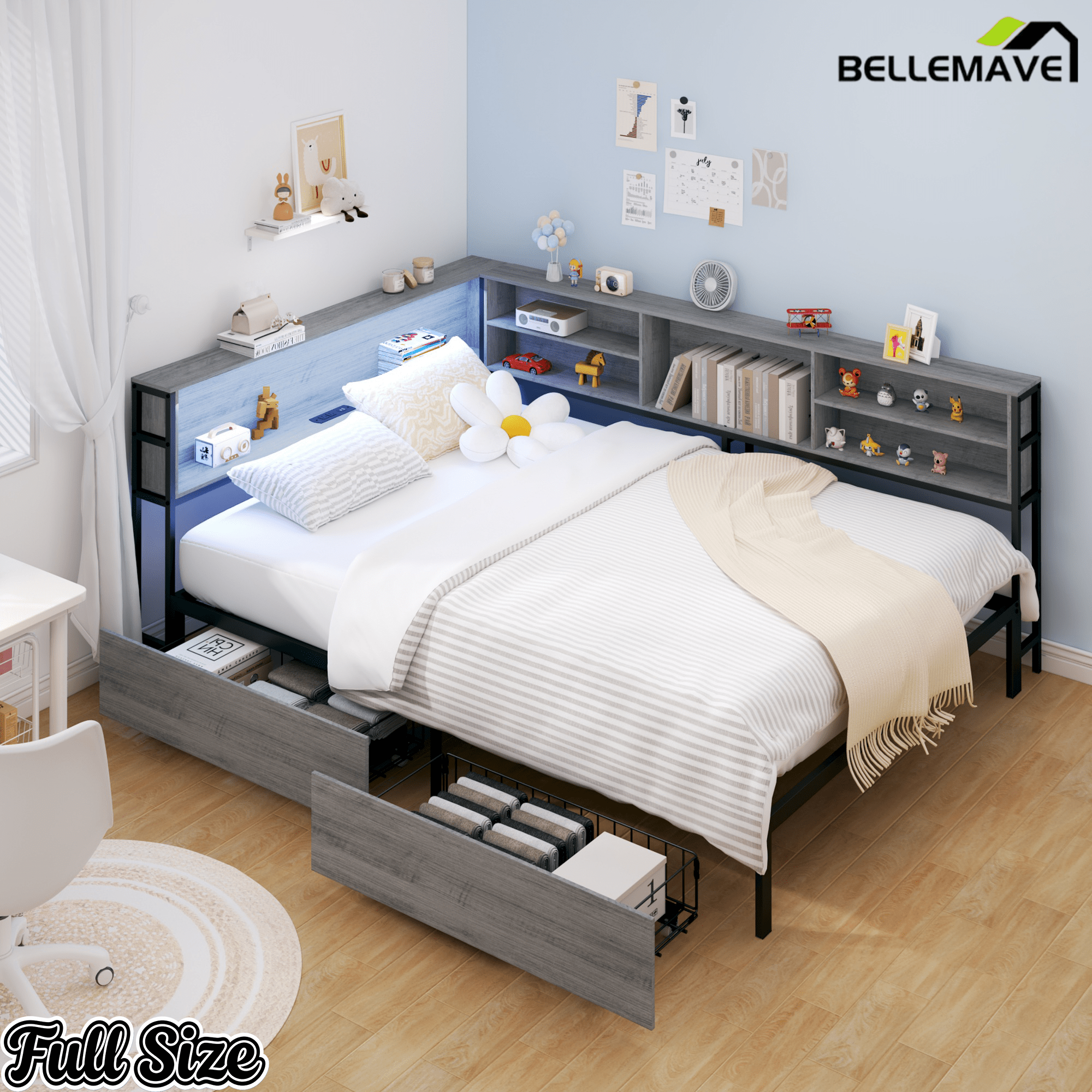 Bellemave® Corner Bed Frame with Storage, Captains Bed with Charging Station & LED Light, Wood Daybeds with L - Shaped Bookcase & 2 Drawers - Bellemave
