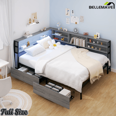Bellemave® Corner Bed Frame with Storage, Captains Bed with Charging Station & LED Light, Wood Daybeds with L - Shaped Bookcase & 2 Drawers - Bellemave