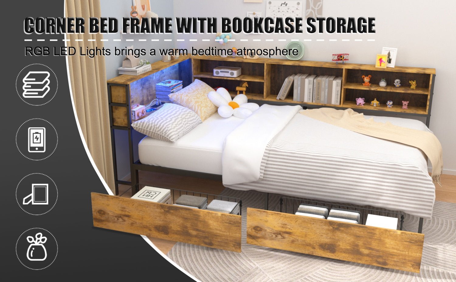 Bellemave® Corner Bed Frame with Storage, Captains Bed with Charging Station & LED Light, Wood Daybeds with L - Shaped Bookcase & 2 Drawers - Bellemave