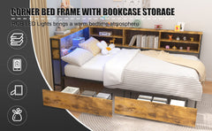 Bellemave® Corner Bed Frame with Storage, Captains Bed with Charging Station & LED Light, Wood Daybeds with L - Shaped Bookcase & 2 Drawers - Bellemave