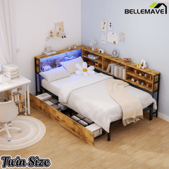 Bellemave® Corner Bed Frame with Storage, Captains Bed with Charging Station & LED Light, Wood Daybeds with L - Shaped Bookcase & 2 Drawers - Bellemave
