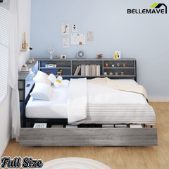 Bellemave® Corner Bed Frame with Storage, Captains Bed with Charging Station & LED Light, Wood Daybeds with L - Shaped Bookcase & 2 Drawers - Bellemave