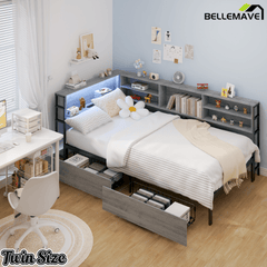 Bellemave® Corner Bed Frame with Storage, Captains Bed with Charging Station & LED Light, Wood Daybeds with L - Shaped Bookcase & 2 Drawers - Bellemave