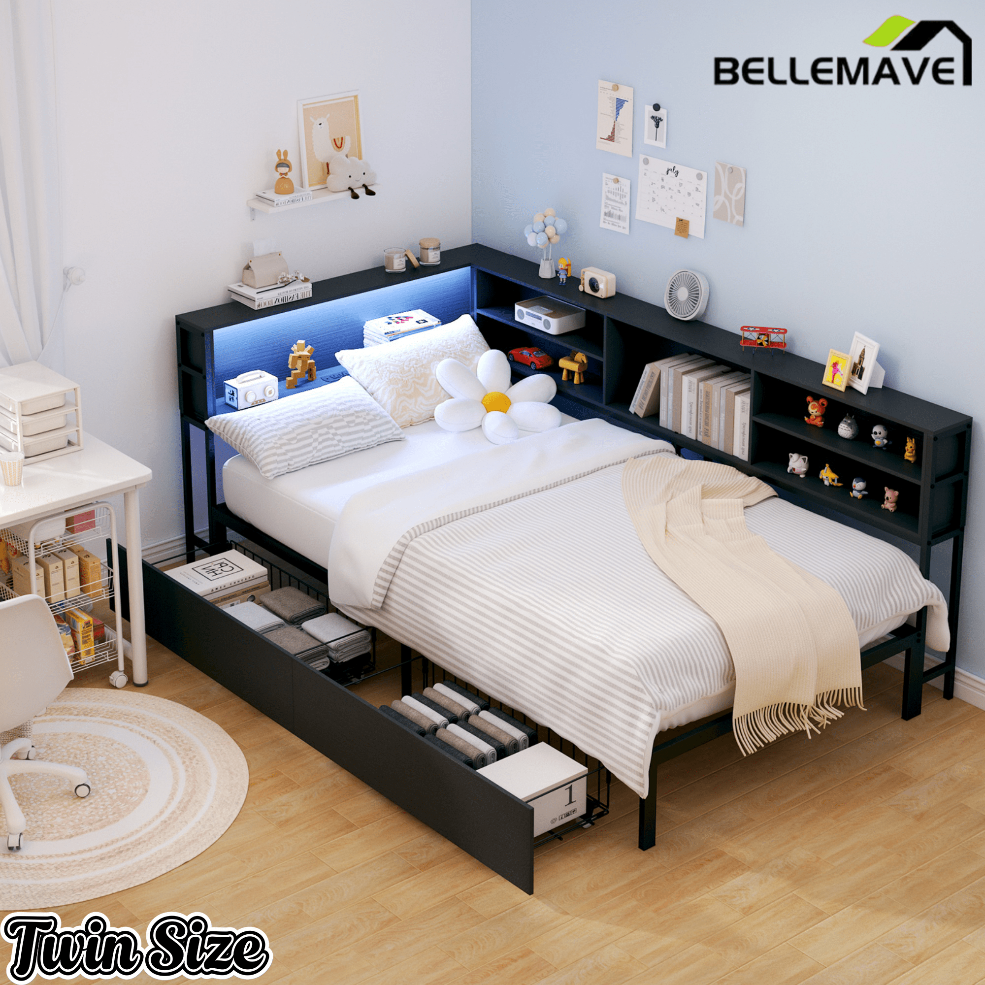Bellemave® Corner Bed Frame with Storage, Captains Bed with Charging Station & LED Light, Wood Daybeds with L - Shaped Bookcase & 2 Drawers - Bellemave