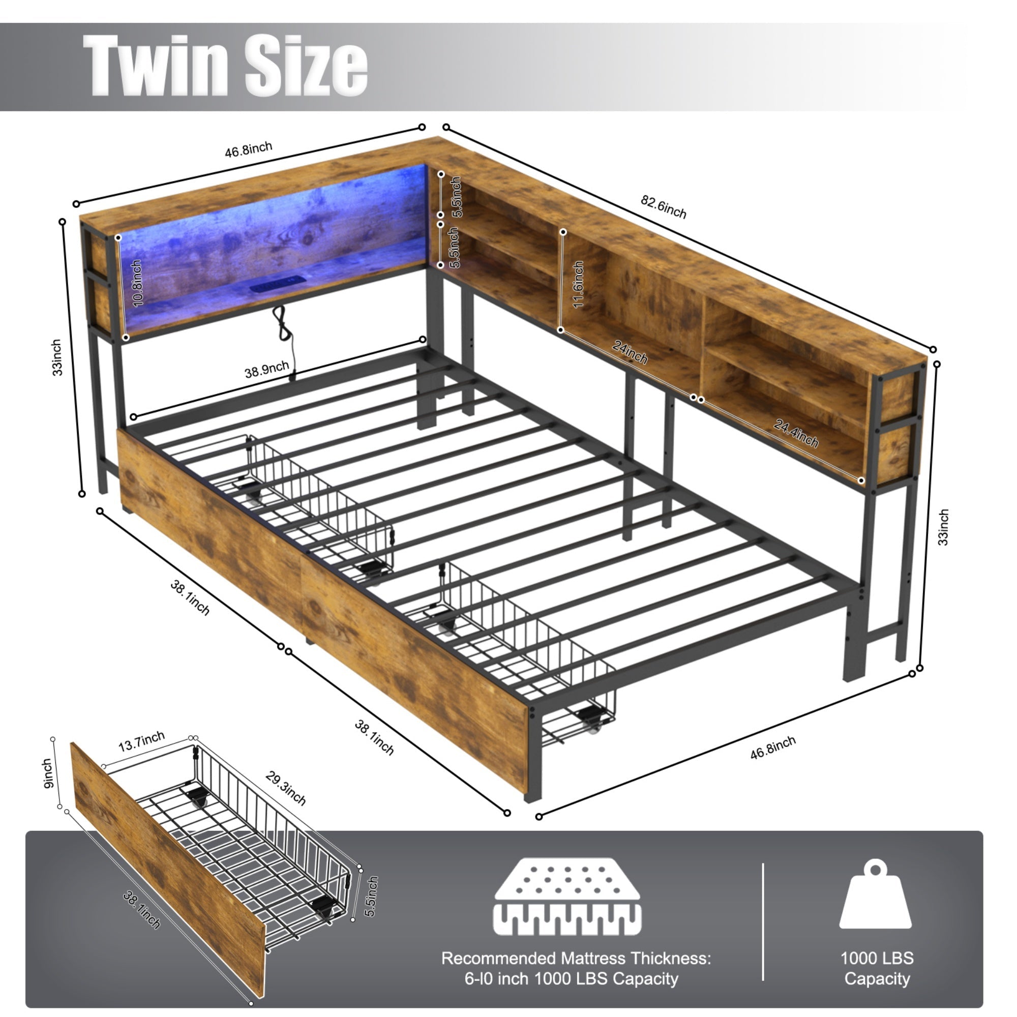 Bellemave® Corner Bed Frame with Storage, Captains Bed with Charging Station & LED Light, Wood Daybeds with L - Shaped Bookcase & 2 Drawers - Bellemave