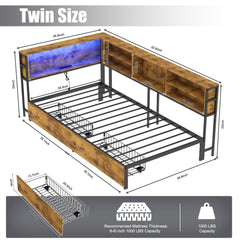 Bellemave® Corner Bed Frame with Storage, Captains Bed with Charging Station & LED Light, Wood Daybeds with L - Shaped Bookcase & 2 Drawers - Bellemave