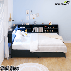 Bellemave® Corner Bed Frame with Storage, Captains Bed with Charging Station & LED Light, Wood Daybeds with L - Shaped Bookcase & 2 Drawers - Bellemave