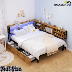 Bellemave® Corner Bed Frame with Storage, Captains Bed with Charging Station & LED Light, Wood Daybeds with L - Shaped Bookcase & 2 Drawers - Bellemave