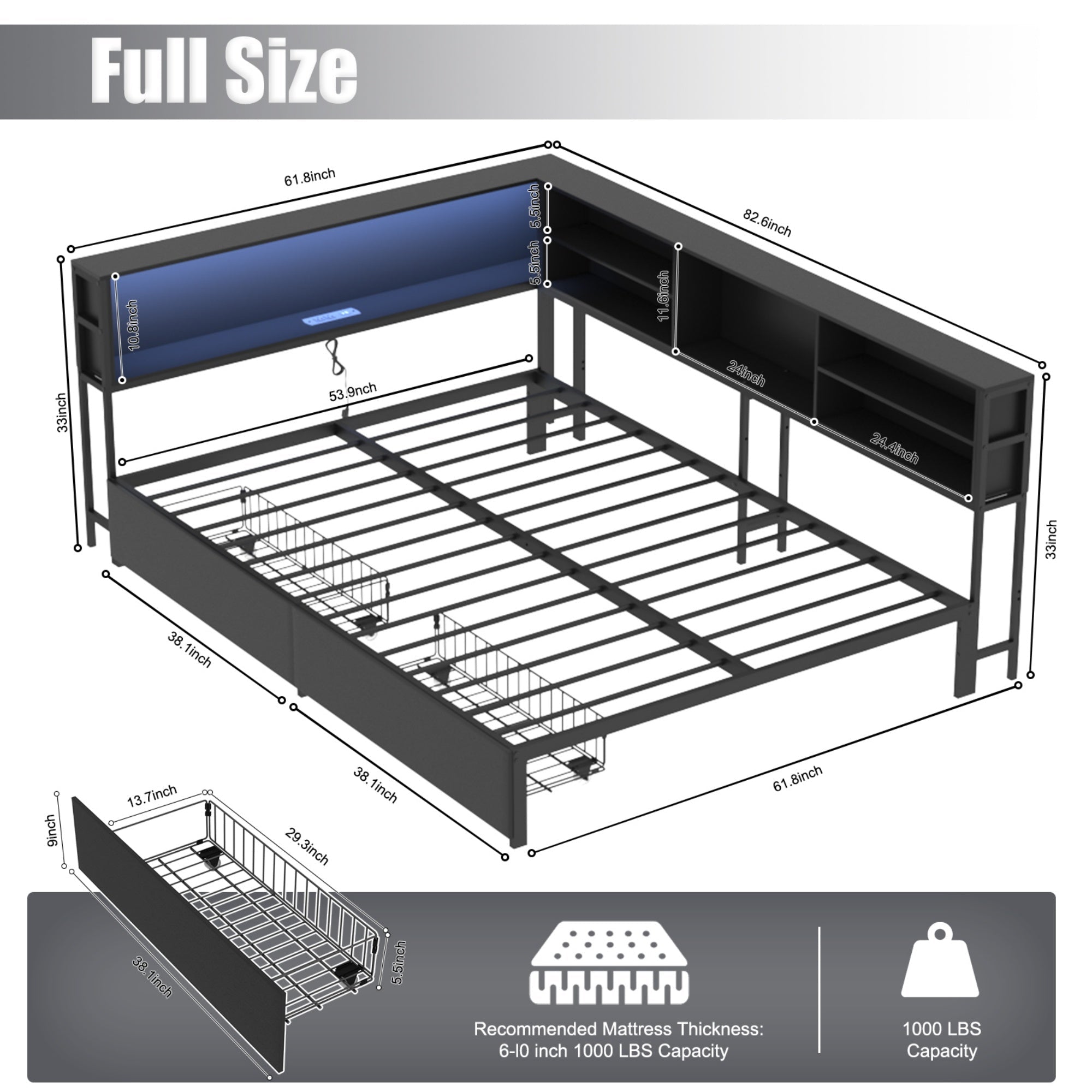 Bellemave® Corner Bed Frame with Storage, Captains Bed with Charging Station & LED Light, Wood Daybeds with L - Shaped Bookcase & 2 Drawers - Bellemave