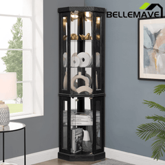 Bellemave® Corner Curio Cabinet with Tempered Glass Doors and Adjustable Shelves, Wine Bar China Cabinet for Living Room Liquor Storage - Bellemave