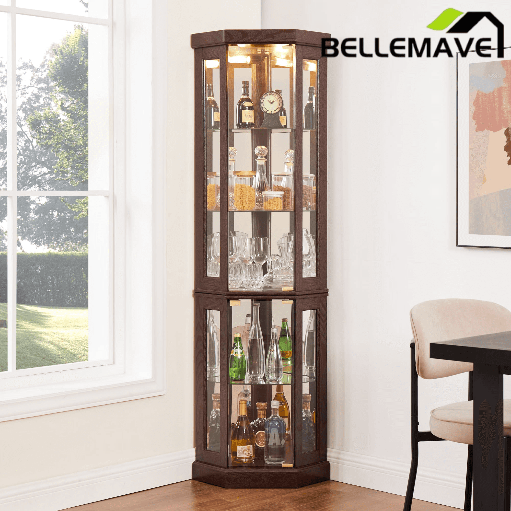 Bellemave® Corner Curio Cabinet with Tempered Glass Doors and Adjustable Shelves, Wine Bar China Cabinet for Living Room Liquor Storage - Bellemave