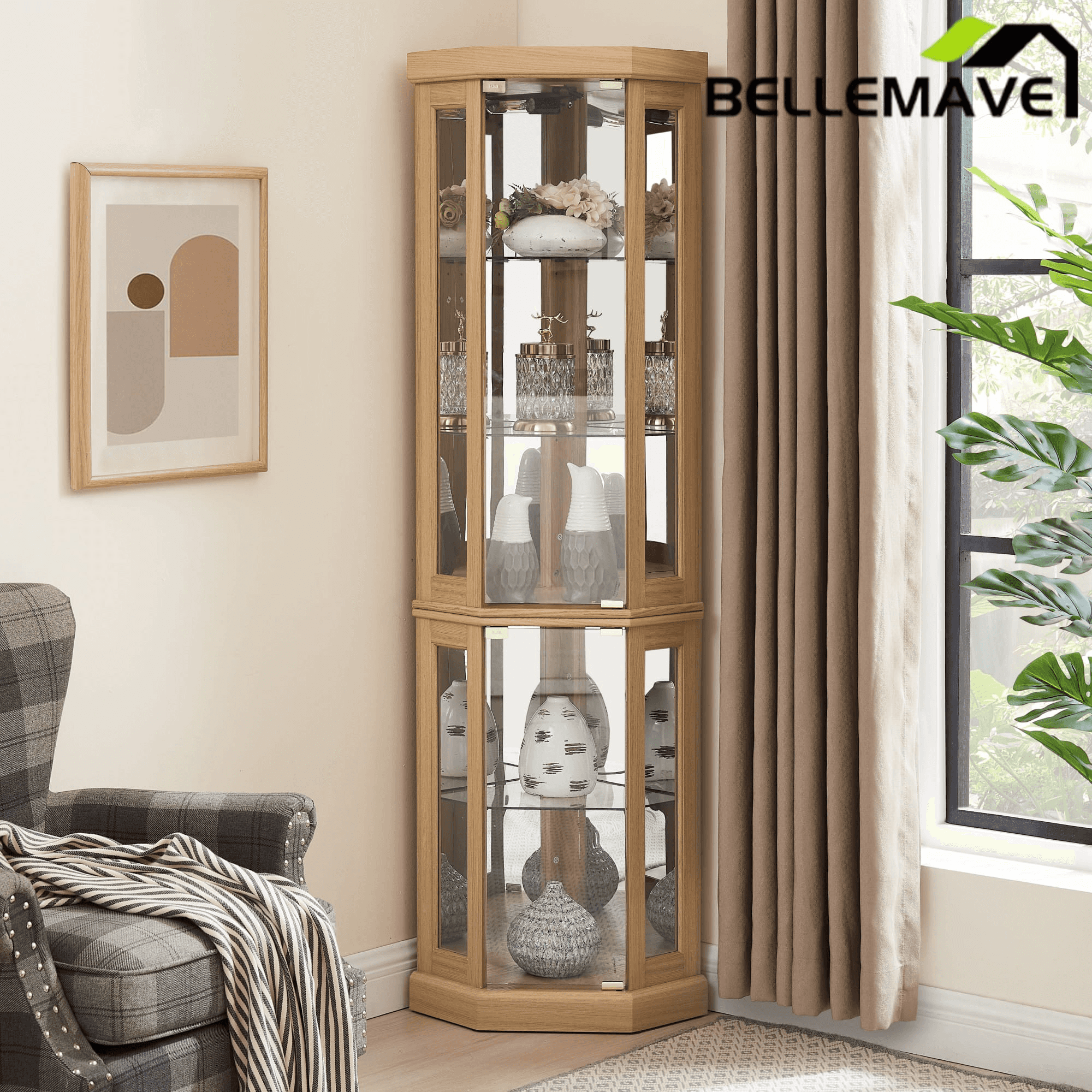 Bellemave® Corner Curio Cabinet with Tempered Glass Doors and Adjustable Shelves, Wine Bar China Cabinet for Living Room Liquor Storage - Bellemave