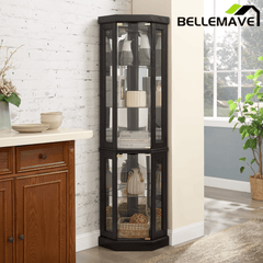 Bellemave® Corner Curio Cabinet with Tempered Glass Doors and Adjustable Shelves, Wine Bar China Cabinet for Living Room Liquor Storage - Bellemave