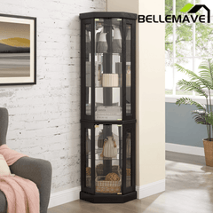 Bellemave® Corner Curio Cabinet with Tempered Glass Doors and Adjustable Shelves, Wine Bar China Cabinet for Living Room Liquor Storage - Bellemave