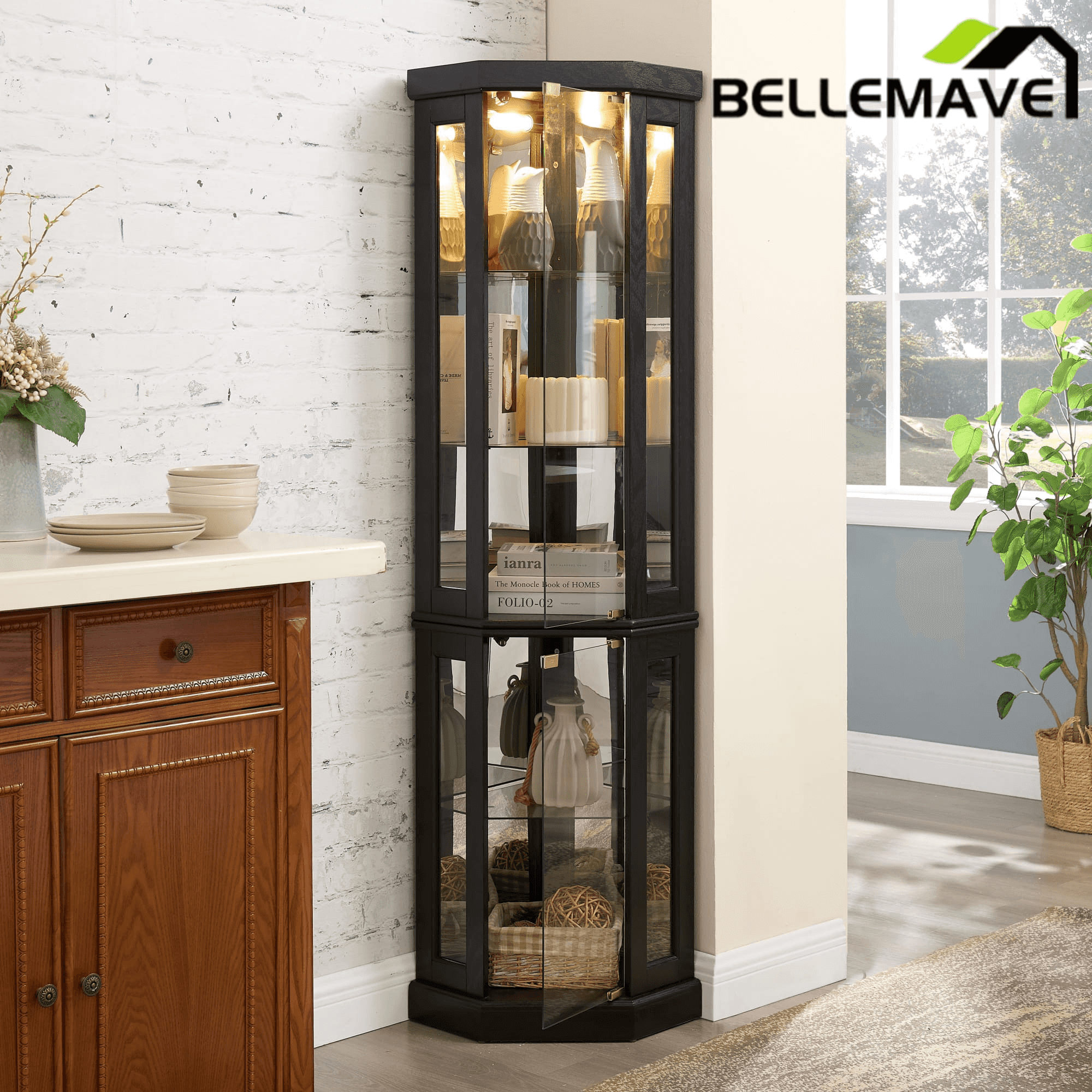 Bellemave® Corner Curio Cabinet with Tempered Glass Doors and Adjustable Shelves, Wine Bar China Cabinet for Living Room Liquor Storage - Bellemave
