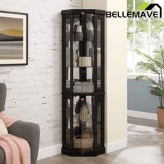 Bellemave® Corner Curio Cabinet with Tempered Glass Doors and Adjustable Shelves, Wine Bar China Cabinet for Living Room Liquor Storage - Bellemave