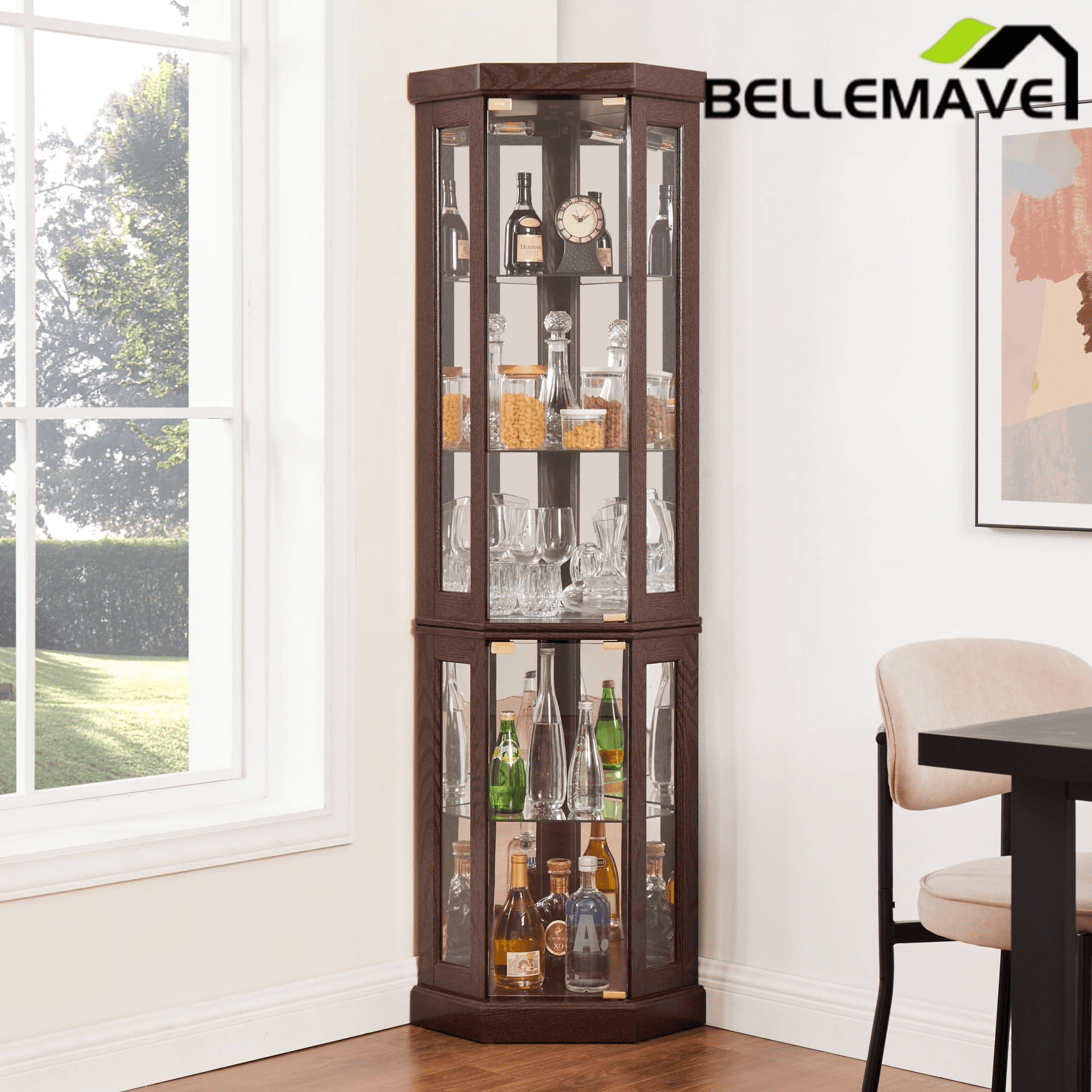 Bellemave® Corner Curio Cabinet with Tempered Glass Doors and Adjustable Shelves, Wine Bar China Cabinet for Living Room Liquor Storage - Bellemave