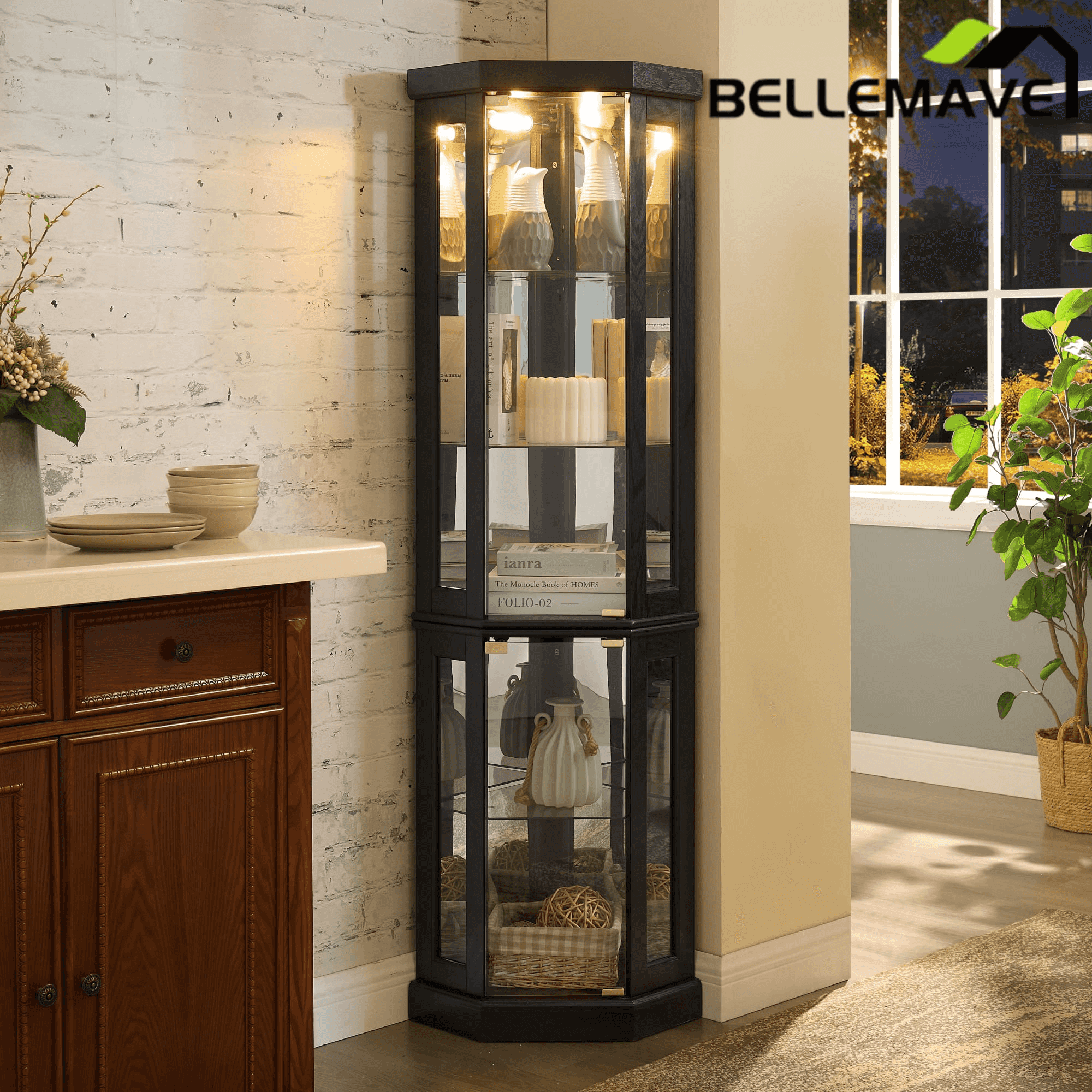 Bellemave® Corner Curio Cabinet with Tempered Glass Doors and Adjustable Shelves, Wine Bar China Cabinet for Living Room Liquor Storage - Bellemave