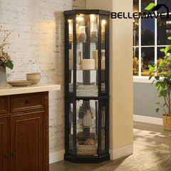 Bellemave® Corner Curio Cabinet with Tempered Glass Doors and Adjustable Shelves, Wine Bar China Cabinet for Living Room Liquor Storage - Bellemave