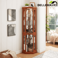 Bellemave® Corner Curio Cabinet with Tempered Glass Doors and Adjustable Shelves, Wine Bar China Cabinet for Living Room Liquor Storage - Bellemave
