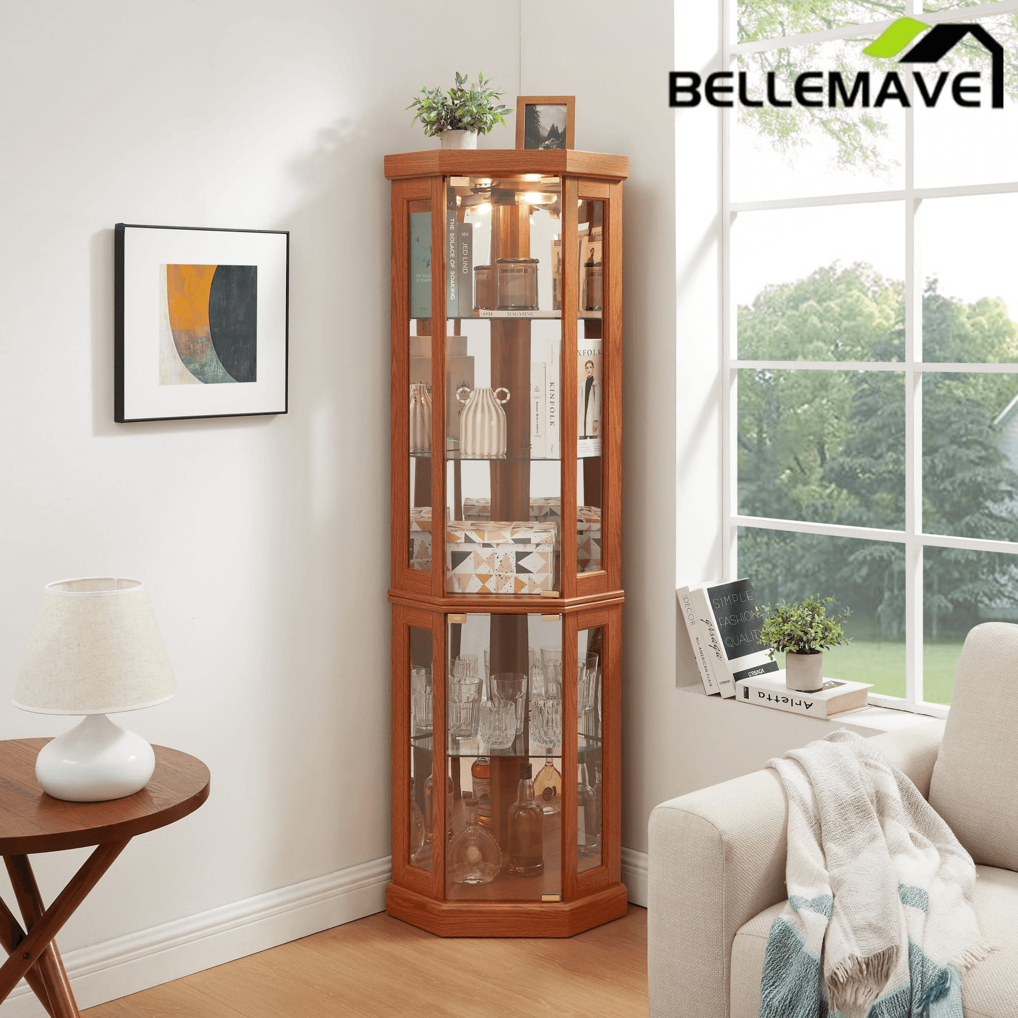 Bellemave® Corner Curio Cabinet with Tempered Glass Doors and Adjustable Shelves, Wine Bar China Cabinet for Living Room Liquor Storage - Bellemave