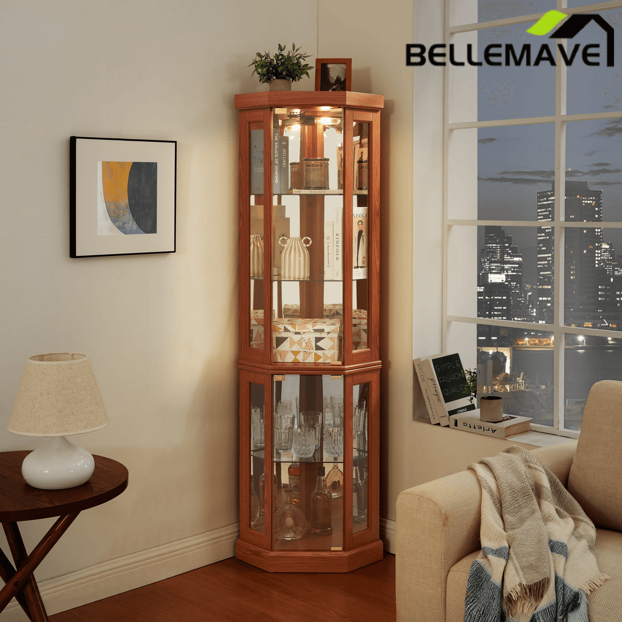 Bellemave® Corner Curio Cabinet with Tempered Glass Doors and Adjustable Shelves, Wine Bar China Cabinet for Living Room Liquor Storage - Bellemave