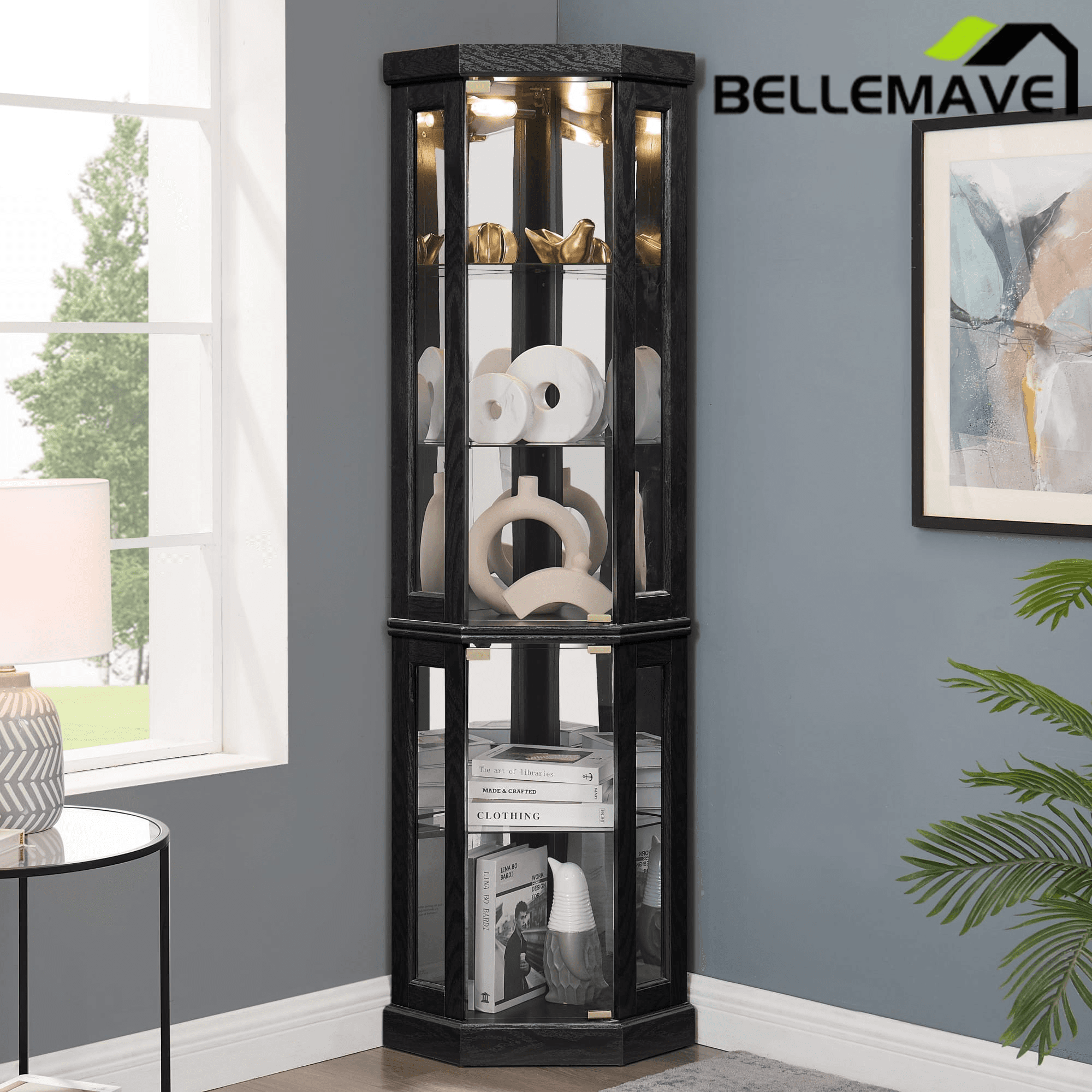 Bellemave® Corner Curio Cabinet with Tempered Glass Doors and Adjustable Shelves, Wine Bar China Cabinet for Living Room Liquor Storage - Bellemave