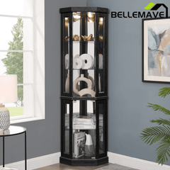 Bellemave® Corner Curio Cabinet with Tempered Glass Doors and Adjustable Shelves, Wine Bar China Cabinet for Living Room Liquor Storage - Bellemave