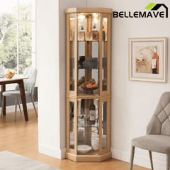 Bellemave® Corner Curio Cabinet with Tempered Glass Doors and Adjustable Shelves, Wine Bar China Cabinet for Living Room Liquor Storage - Bellemave